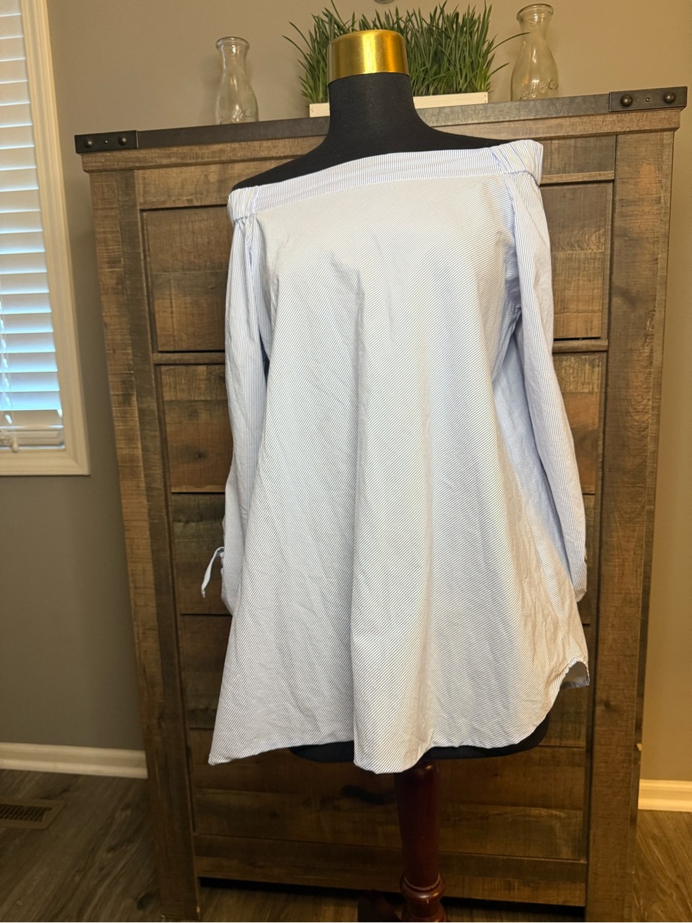 Comfy USA Blue White Striped Off the Shoulder Tunic Top Medium 100% cotton